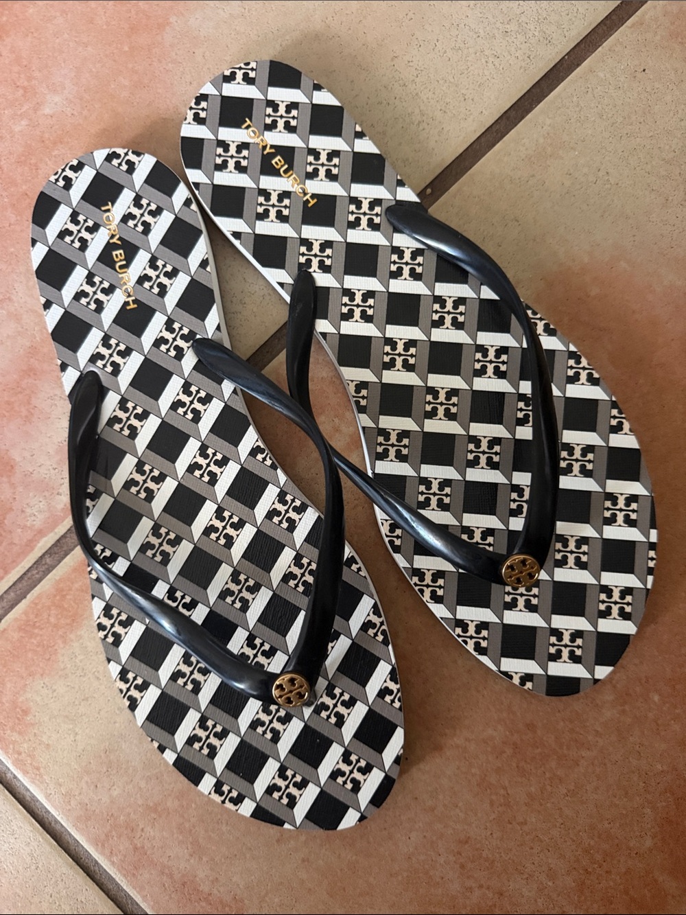 Tory Burch Black and White Geometric Logo Flip Flop Sandals